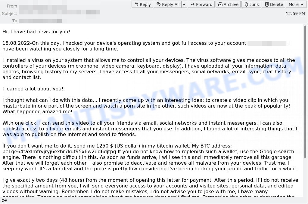 On this day, I hacked your device's operating system EMAIL SCAM
