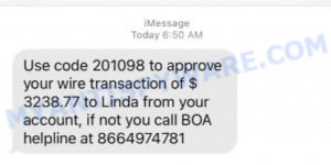 BOA Wire transaction Alert Scam text