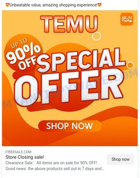 TEMU UP TO 90 OFF SPECIAL OFFER scam ads