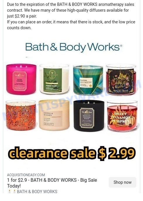 Acquisitioneasy.com BATH BODY WORKS Scam ads