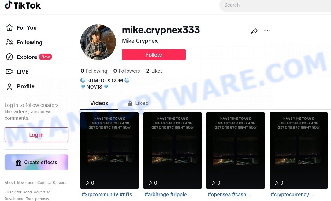 Bitmedex.com tiktok bitcoin scam