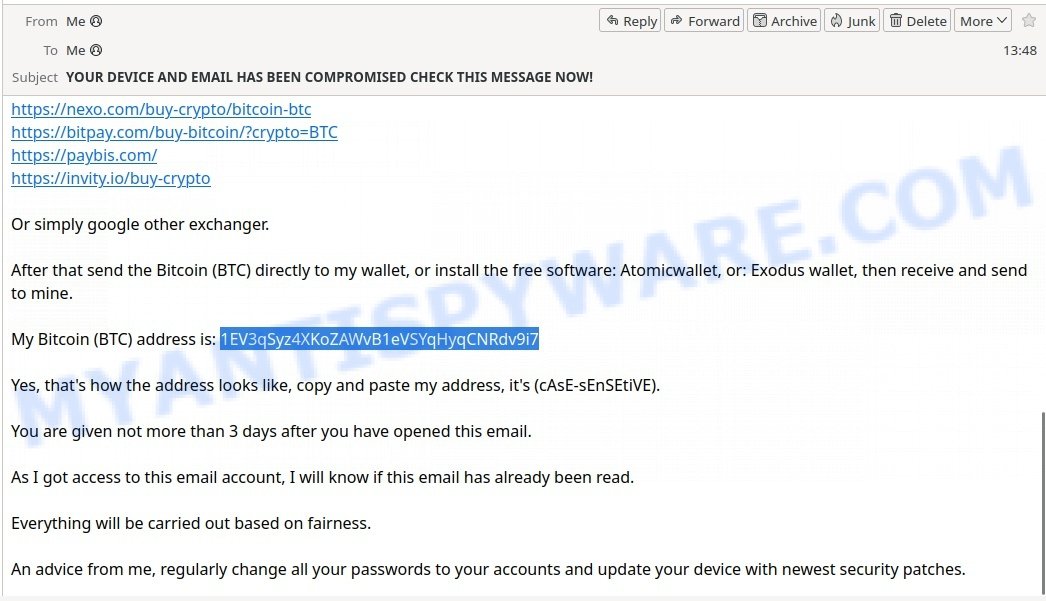 1EV3qSyz4XKoZAWvB1eVSYqHyqCNRdv9i7 Bitcoin Email Scam