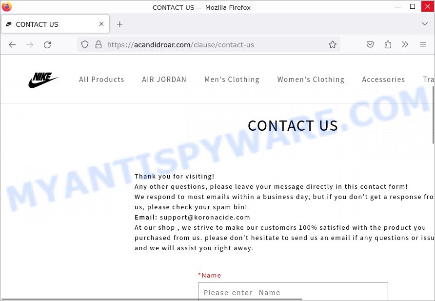 Acandidroar.com Nike sale scam contacts