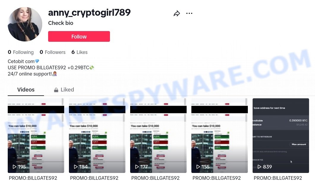 Cetobit.com tiktok bitcoin promo scam