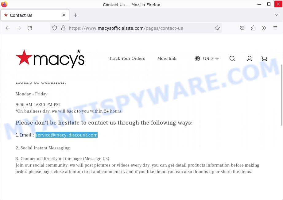 Macysofficialsite.com scam contacts