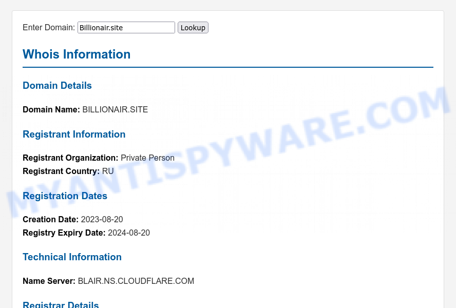 Billionair.site WHOIS Lookup