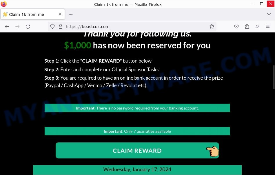 Claim 1000 Beastcoz.com scam