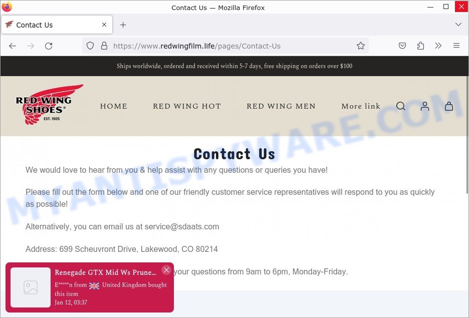 Redwingfilm.life Red Wing Shoes store scam contacts