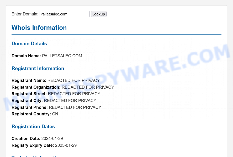 Palletsalec.com scam store WHOIS Lookup