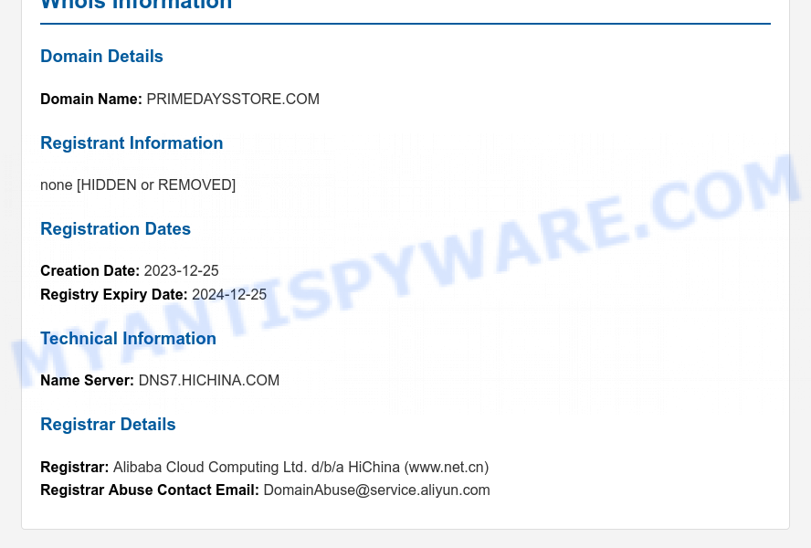 Primedaysstore.com WHOIS Lookup