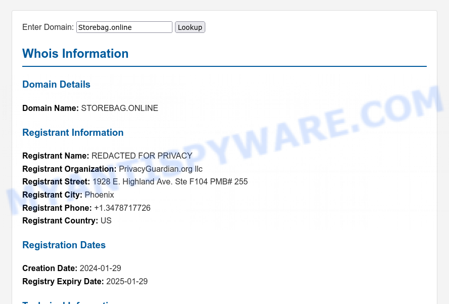 Storebag.online WHOIS Lookup