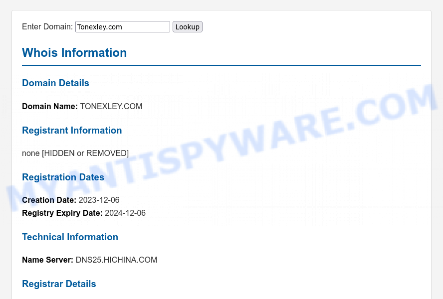 Tonexley.com WHOIS Lookup