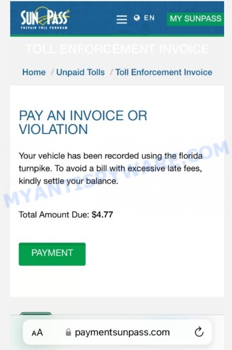Payment SunPass Text Scam invoice