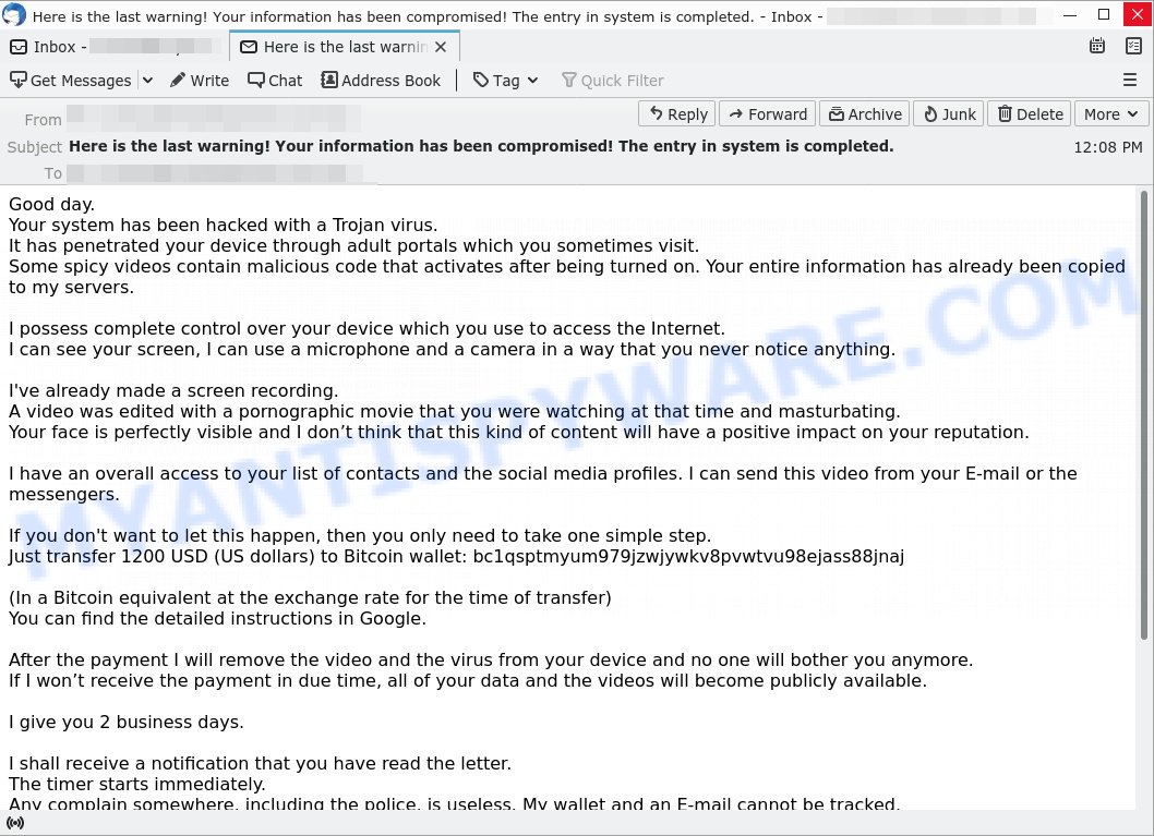 Your system has been hacked with a Trojan virus Email Scam