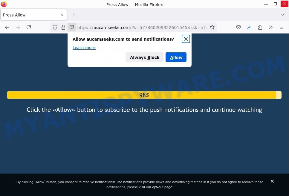 Aucamseeks.com Press Allow scam