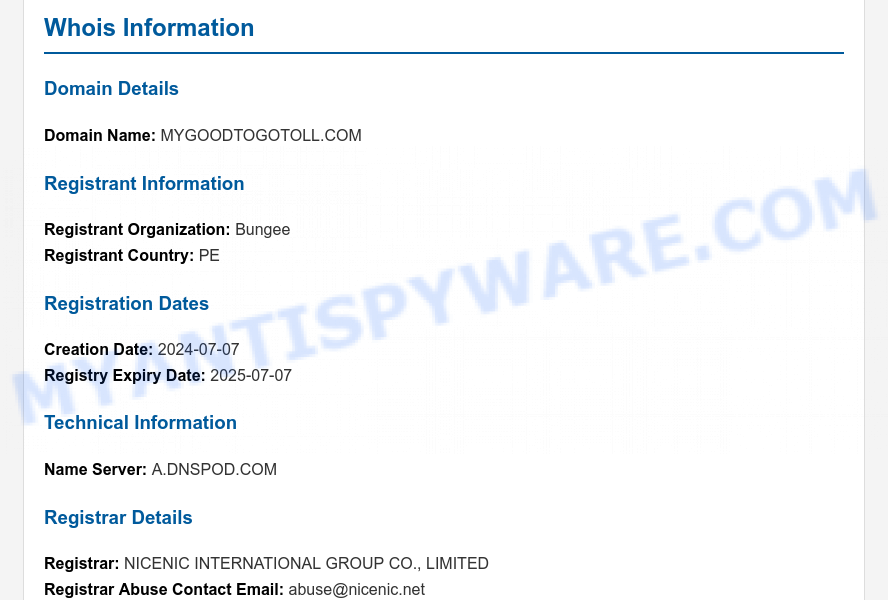 MyGoodToGoToll.com WHOIS Lookup