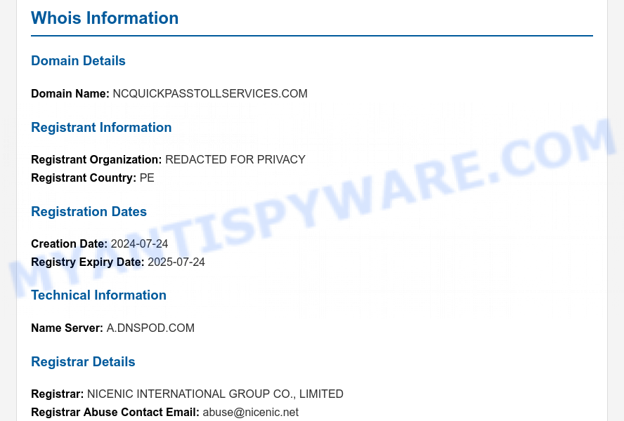 Ncquickpasstollservices.com WHOIS Lookup