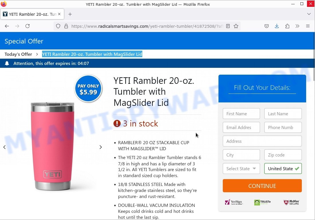 Radicalsmartsavings.com YETI Rambler 20-oz. Tumbler scam