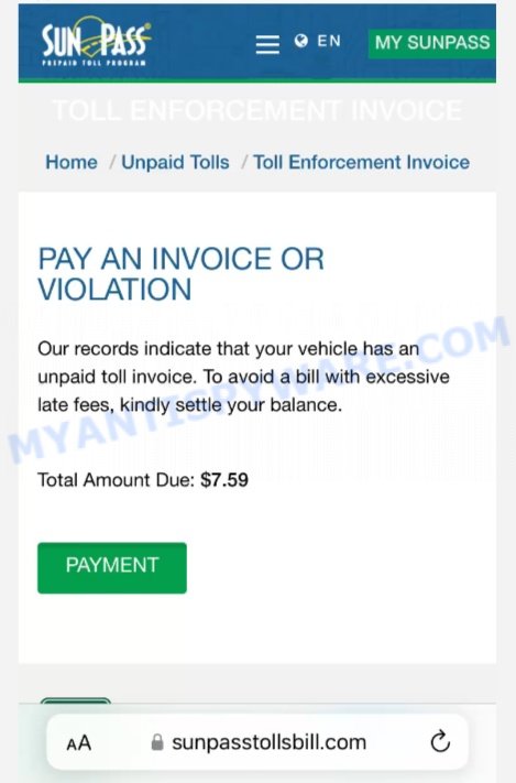 SunPass Tolls Bill scam website