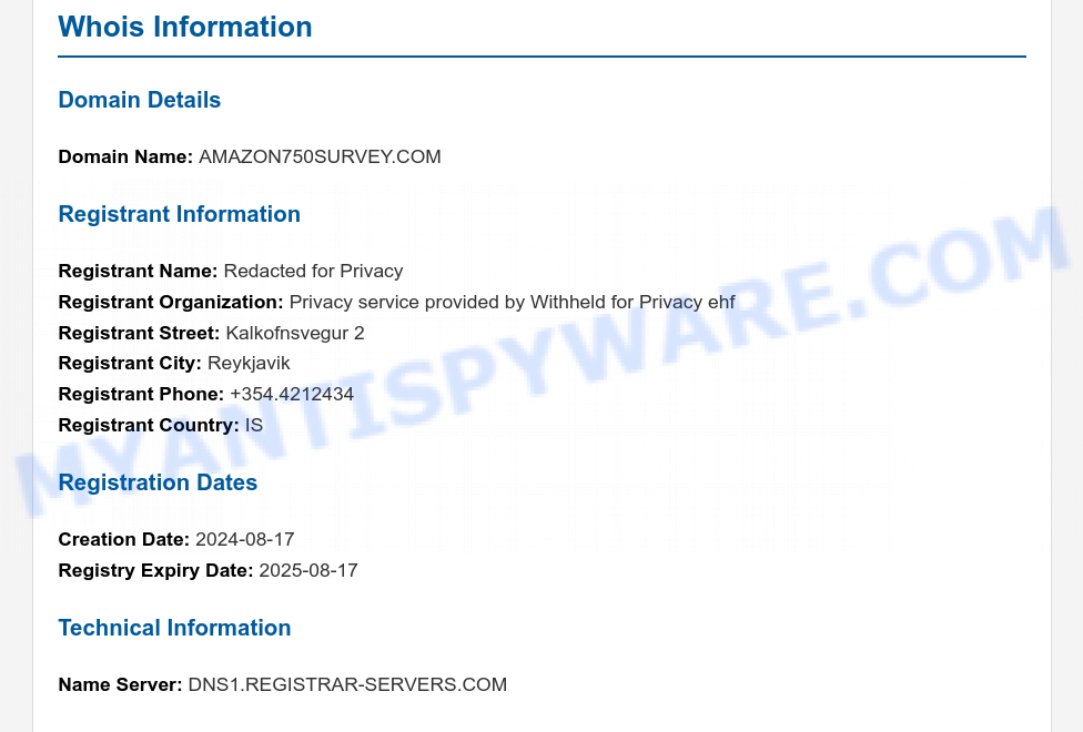 Amazon750survey.com Scam WHOIS Lookup
