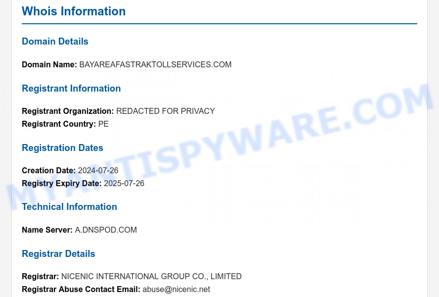Bayareafastraktollservices.com WHOIS Lookup