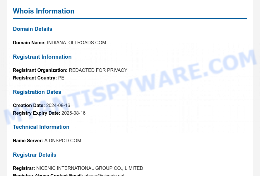 Indianatollroads.com WHOIS Lookup