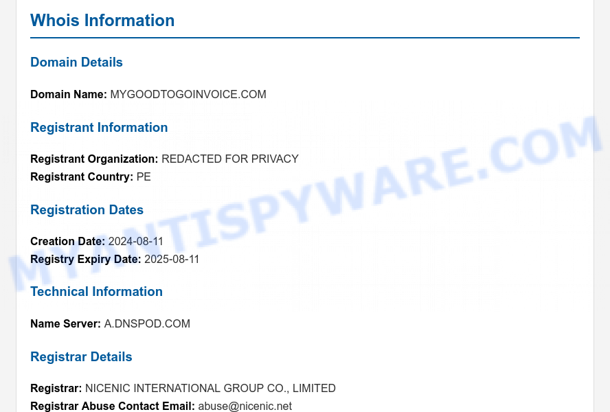 Mygoodtogoinvoice.com WHOIS Lookup