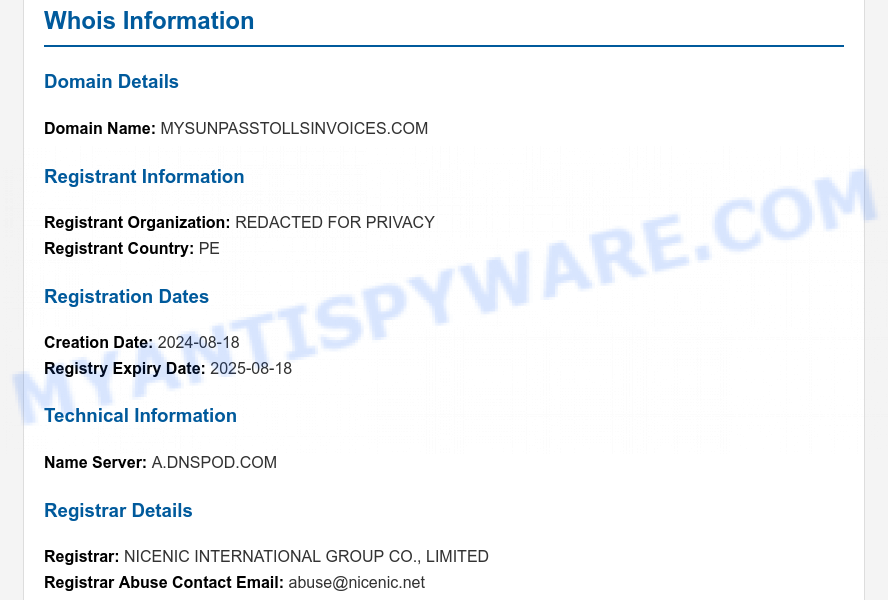 Mysunpasstollsinvoices.com Scam WHOIS Lookup