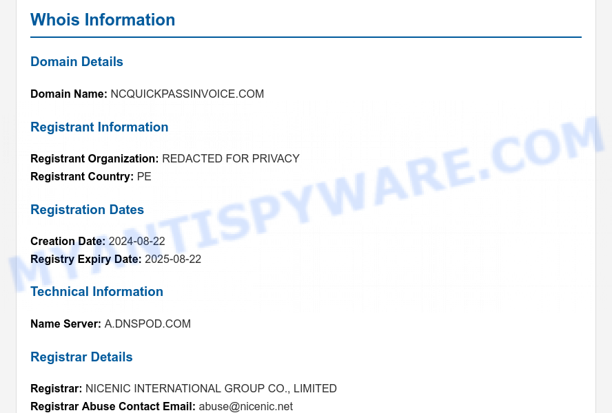 Ncquickpassinvoice.com WHOIS Lookup