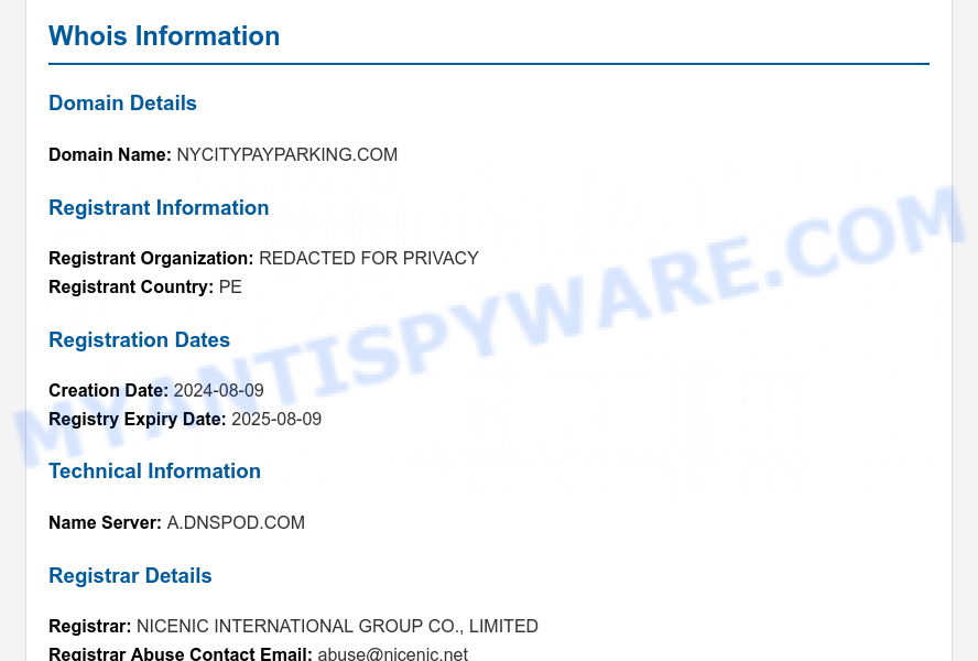 Nycitypayparking.com WHOIS Lookup