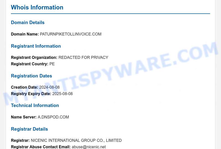 Paturnpiketollinvoice.com WHOIS Lookup