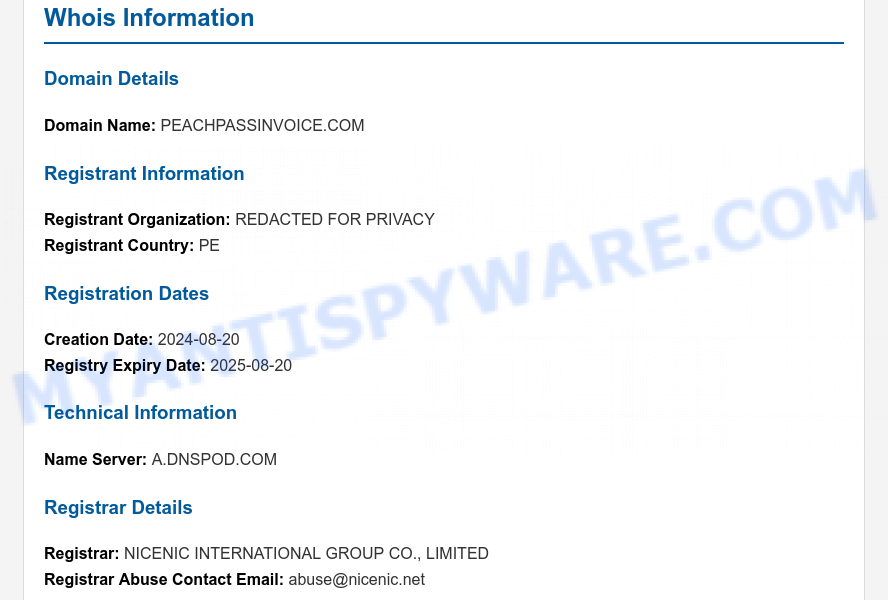 Peachpassinvoice.com WHOIS Lookup