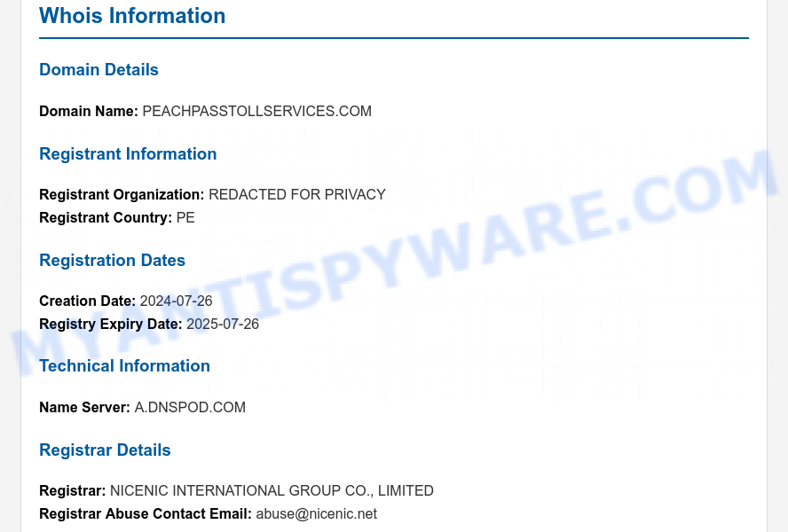 Peachpasstollservices.com WHOIS Lookup