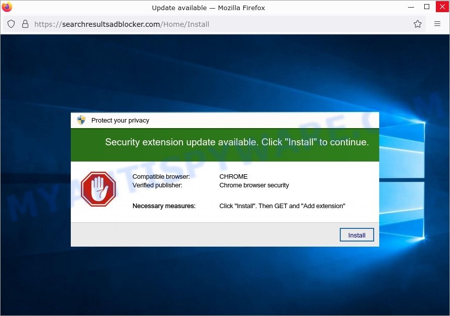 Searchresultsadblocker.com fake Update available popup scam