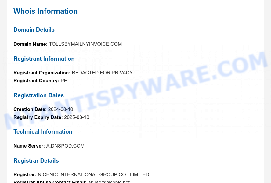 Tollsbymailnyinvoice.com WHOIS Lookup