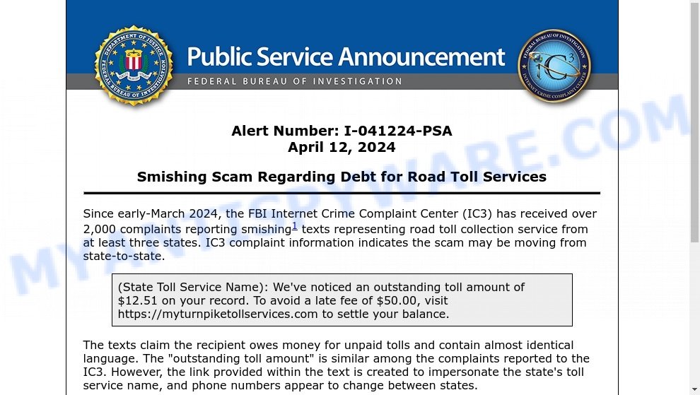 fbi toll services smishing scam alert